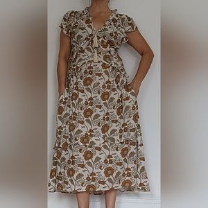 Faherty Cotton Dress Ruffle Cap Sleeves Tassle Tie Zip Back Brown Floral Size M